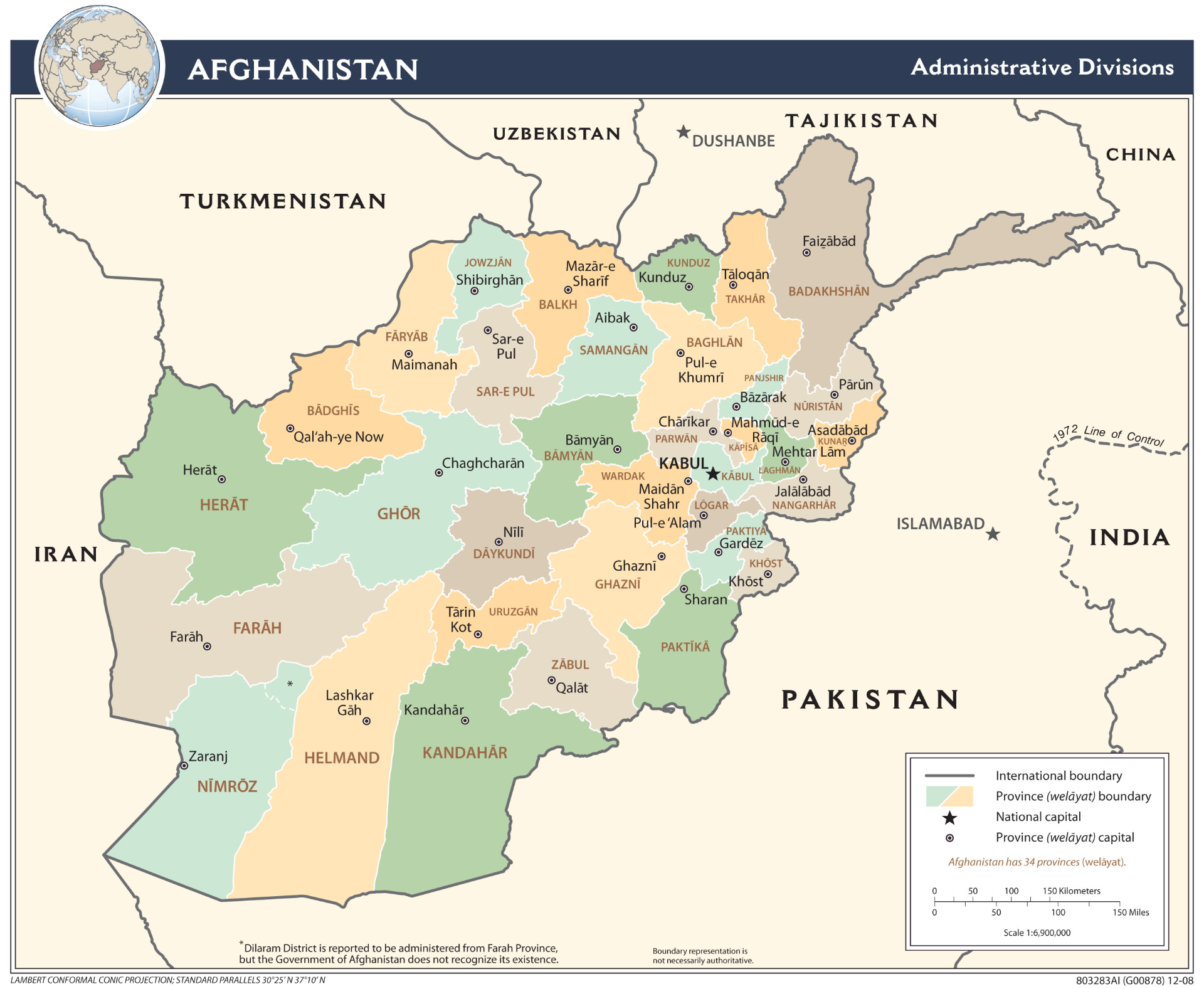 Map of Afghanistan showing all 34 provinces
