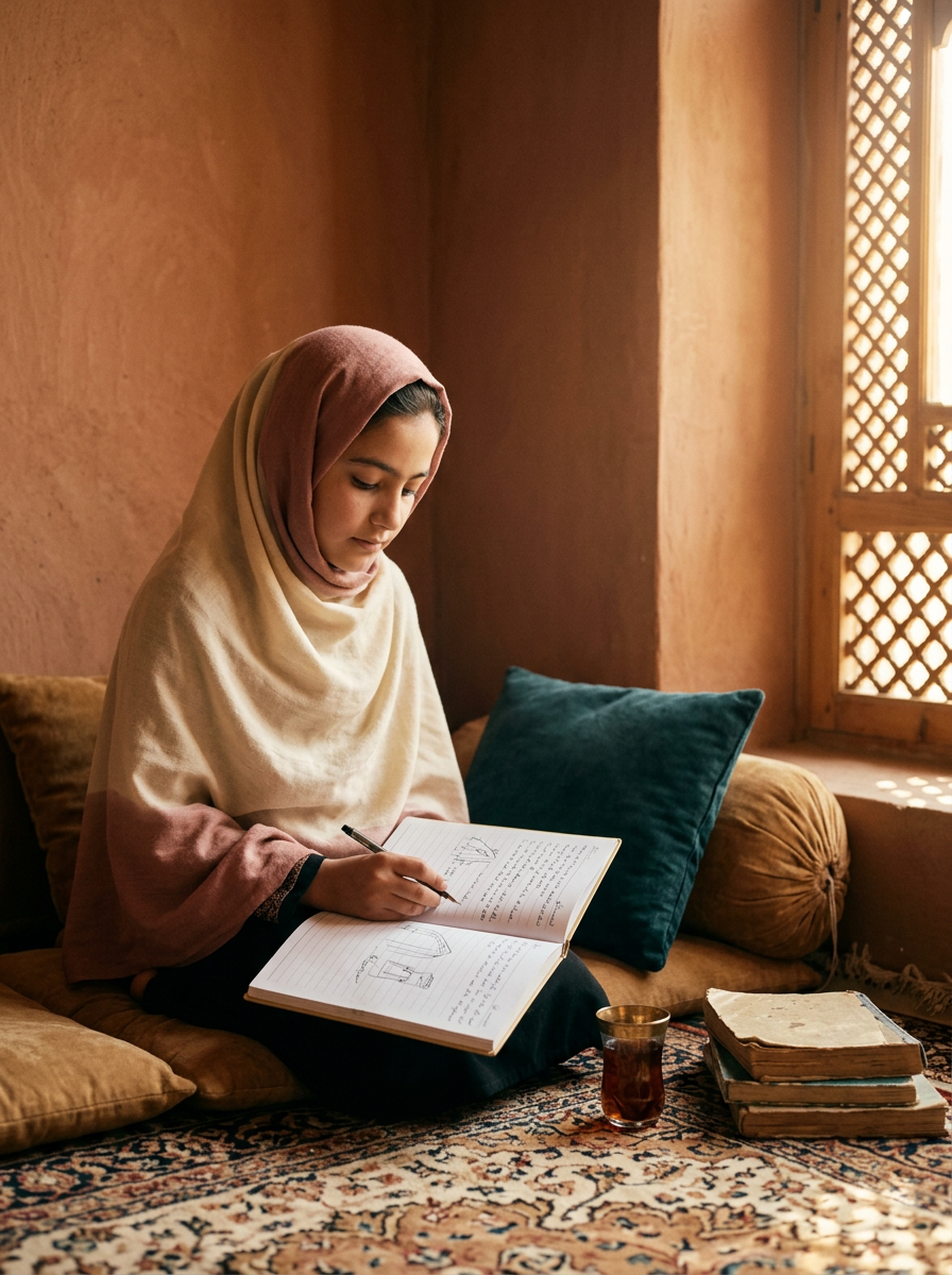 A young Afghan girl in a soft headscarf studying a notebook by a sunlit lattice window in a warm home interior in Afghanistan